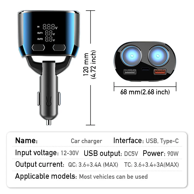 차량용 듀얼 USB 어댑터, 65W PD 고속 충전기, 자동차 담배 라이터 소켓 분배기, 아이폰 화웨이용 자동 C 타입 고속 충전