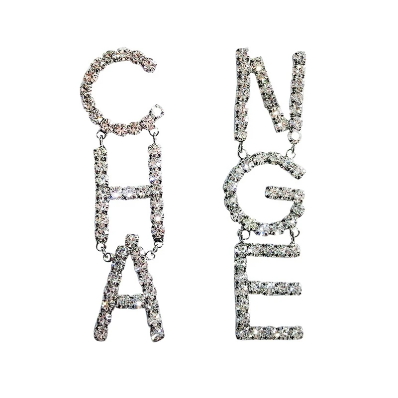 Блестящие длинные буквы со стразами CHA NGE Висячие серьги для женщин модные ювелирные изделия ультрамодные Эффектные серьги аксессуары