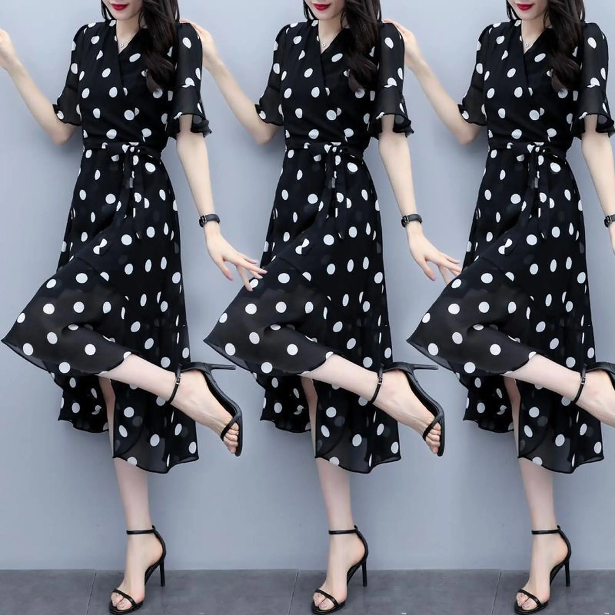 Polka Dot Dress 2020 Summer New Style V-neck Fairy Immortal Chiffon Dress Sweet Waist Hugging Slimming Dress