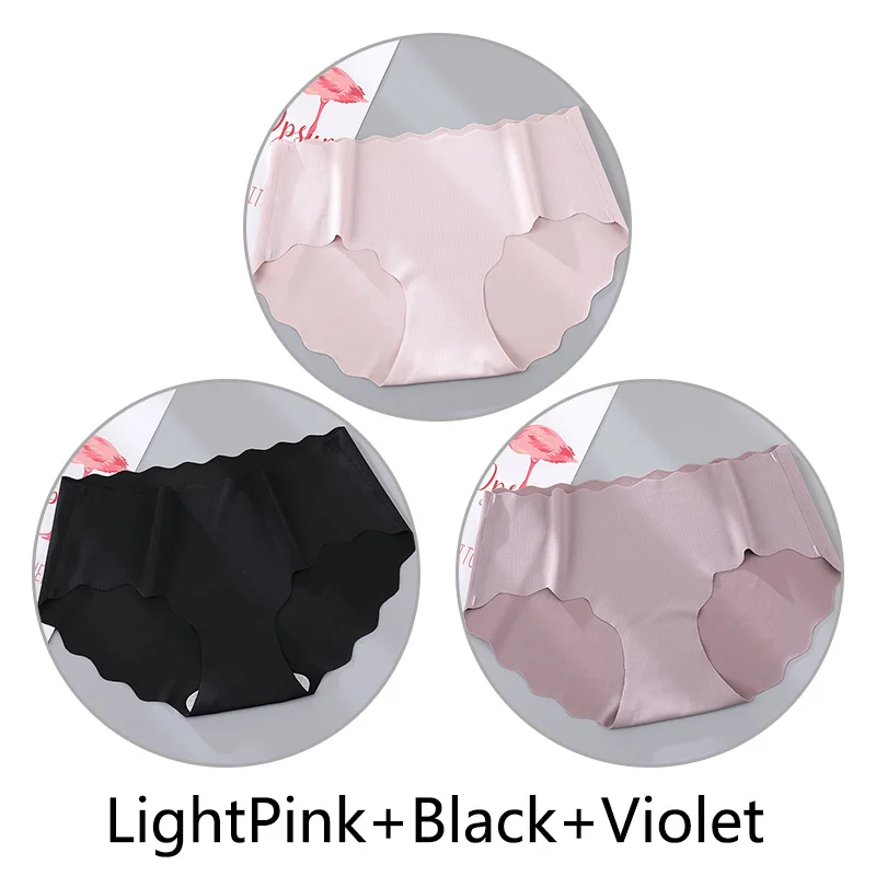 L-Pink Black Violet 3Pcs Sexy Ruffles Panties Women Soft Seamless Briefs Ice Silk Breathable Underwear Ultra Thin Intimates Lingerie Solid M-XL New - Цвет: L-Pink Black Violet