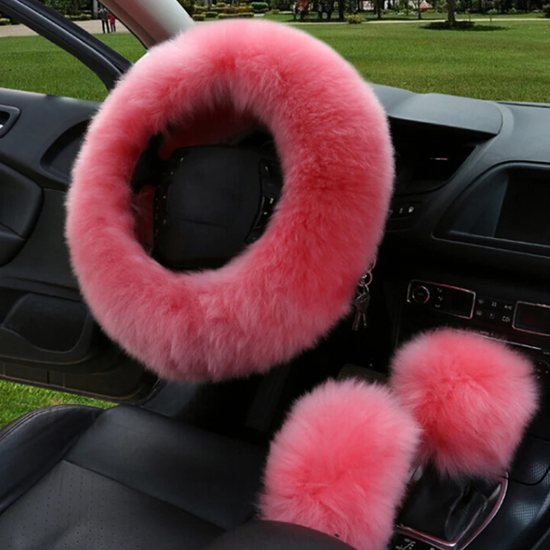 Pink 3 шт./компл. искусственный мех авто Интерьер чехлы для сидений автомобиля рулевое колесо с удлиненным плюшем; теплые Руль Обложка шерстяные ручной тормоз Универсальный - Название цвета: Pink