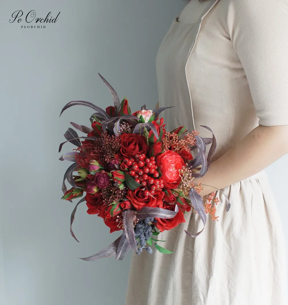 PEORCHID Искусственный Красный Свадебный букет невесты цветок розы Ramo De Flores Novia свадебное украшение невесты ручной Букет
