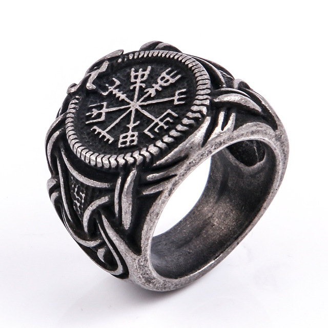 Viking 316L Stainless Steel Compass Odin Rune Vegvisir Ring for Men Punk Retro Amulet Jewelry Ring Male Bijoux