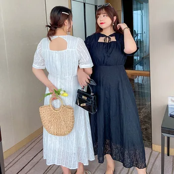 

Large Size Dress 2020 New Style Summer Hollow out Improved Cheongsam Fat mm Crew Neck Elegant Slimming Two-color Dress