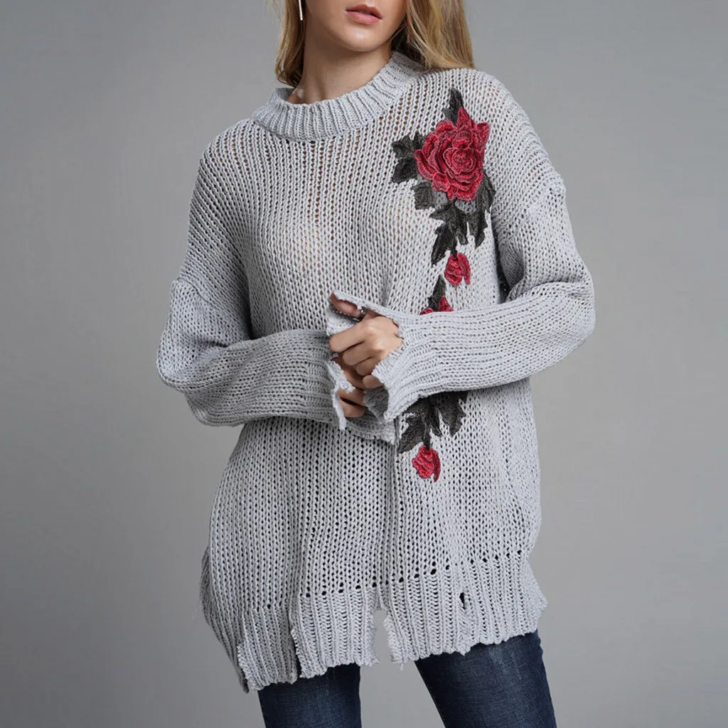 Womail sweater winter tops for women Floral Print Long Sleeve O-Neck Embroidered  sweater women women winter tops 816#2