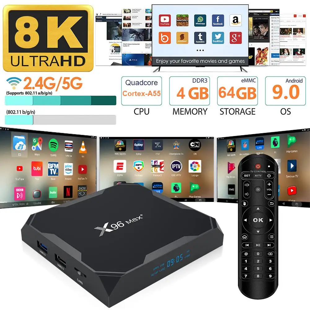 X96 Max Dual HDMI 4K телеприставка 64-битный четырехъядерный 1000M HD сетевой медиаплеер 4 Гб ram+ 64 Гб rom Android 9,0 OS Smart tv Box