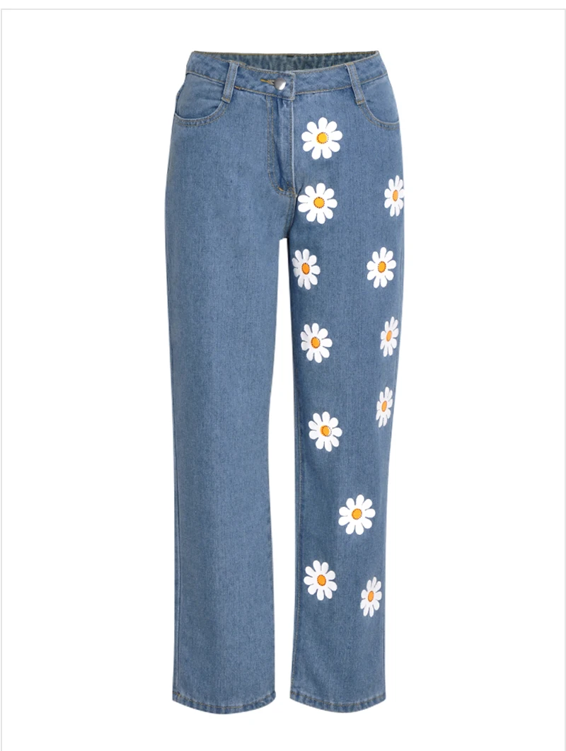 Woman High Waisted Vintage Daisies Printed Denim Pants JKP4292