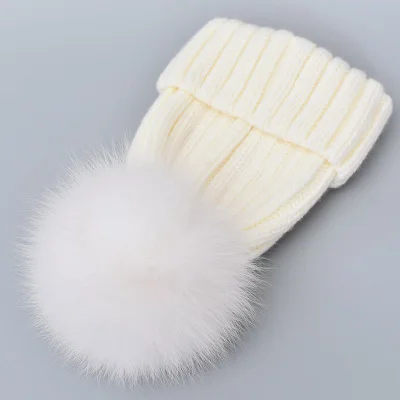 white with velvet Детская шапка для русской зимы, для женщин и детей, шапки из натурального Лисьего меха, шапка для мамы и ребенка с помпоном, одинаковая для семьи, шапочка с помпоном, детская шапка - Color: white with velvet