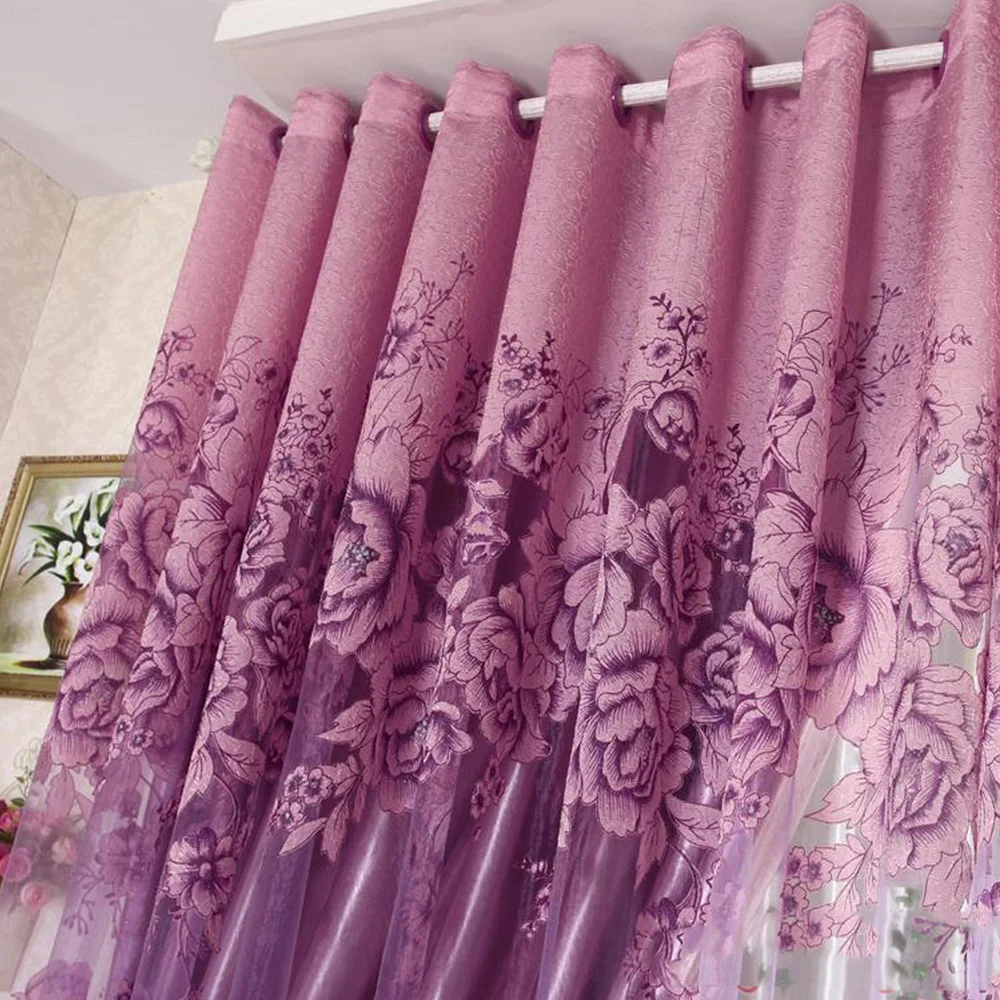 

1/2 Pcs European Peony Pattern Voile Curtains Tulle Sheer Valances Home Decor Brown/purple Curtains size100x250cm Hot Curtains