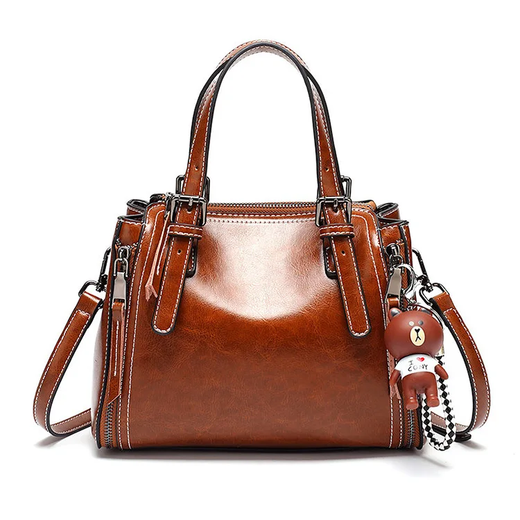 

2020 New Style Cool GIRL'S Retro Handbag Oil Wax Leather Bear Popular Brand Bucket Bag Light Luxury Simple Crossbody Bag