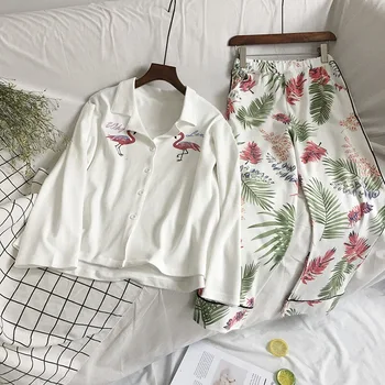 

2020 New Cute Sleepwear Women Pajama Sets Women Flamingo Print Long Sleeve Turn-down Collar Pants Pajama Set Two Piece Set