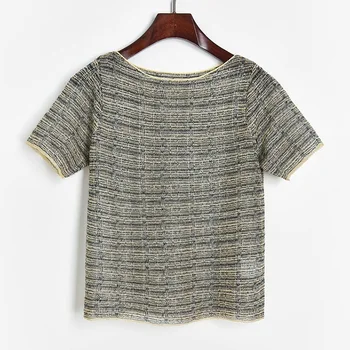 

Summer New Thin Transparent Paragraph Gold Mixed Woven Collar Short-Sleeved Sweater Women's