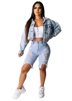 

Autumn Winter Women Denim Jacket Coat Broken Hole Button Long Sleeve Casual Plus Size Jackets Coats