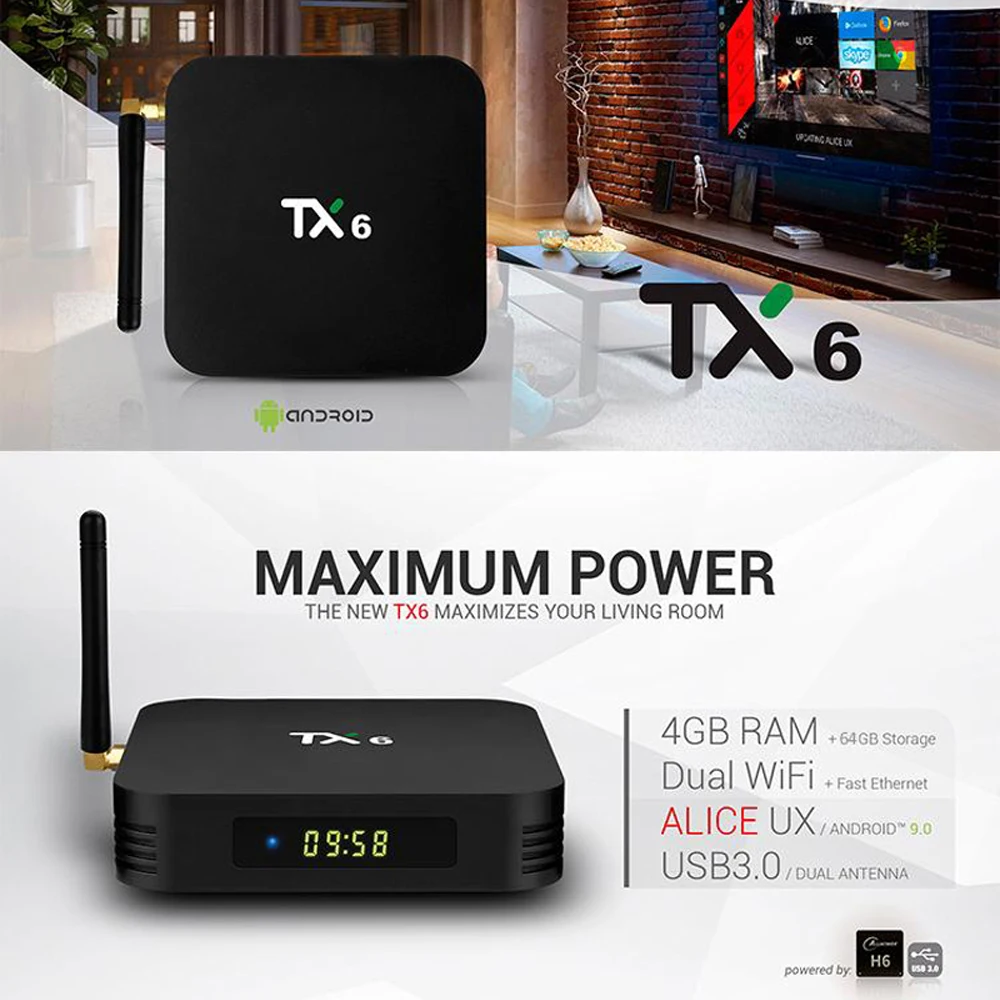 Android 9,0 tv Box TX6 Allwinner H6 Четырехъядерный 4G ram 64GB rom 2,4G 5G Wifi BT4.0 Google Play Netflix Youtube 4K IP tv медиаплеер