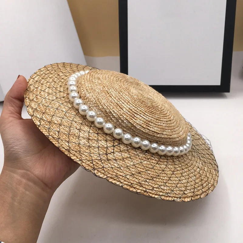 Ladies Straw Pearl Mesh Decoration Hats Retro Beach Sun Shade Womens Summer Caps Wide Brim beach hat women sun hat