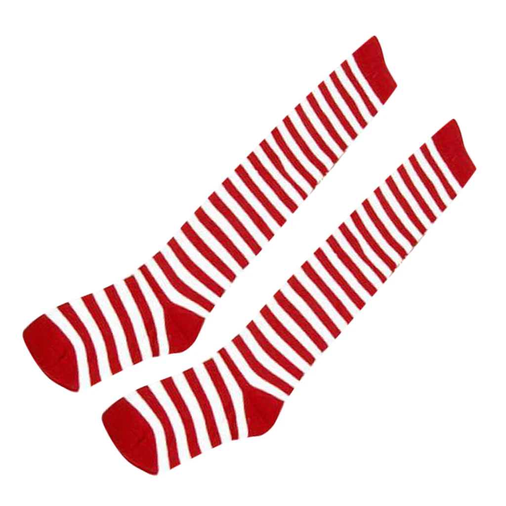 Fancy Dress School Girl Red White Stripes Thigh High Stockings Cotton Costume