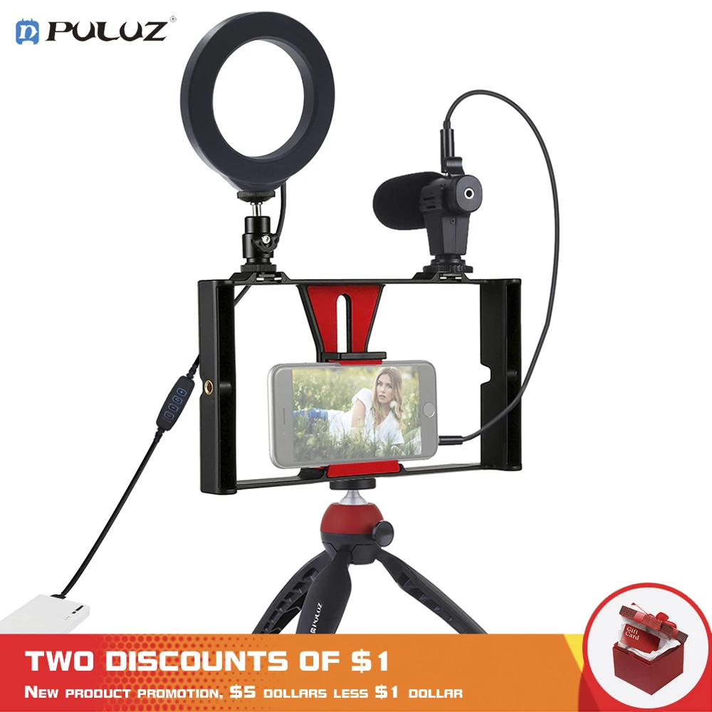PULUZ 4 в 1 Vlogging Live Broadcast смартфон видео установка+ 4,6 дюймов кольцо светодиодный свет видео и микрофон+ крепление штатива+ головка штатива