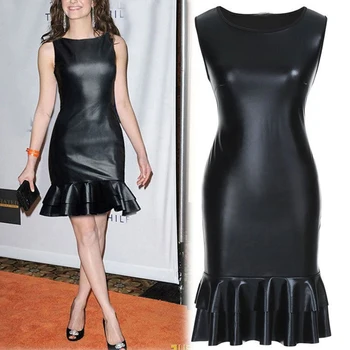 

S-XXL Summer Plus Size Party Dress Women Faux Leather OL Black Red Mermaid Dresses O Neck Elegant Ladies Slim Bodycon Dress 2020