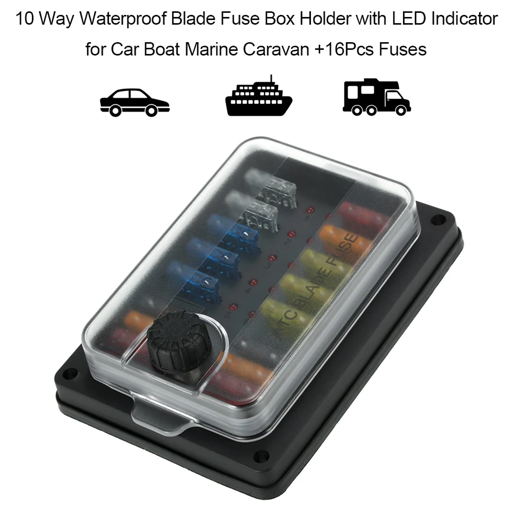 

10 Way Waterproof Blade Fuse Box Holder with LED Indicator for Car Boat Marine Caravan +16Pcs Fuses