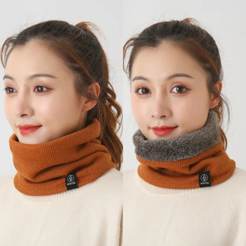 

2020 Trendy Women Knitted Snood Scarf Winter Warm Neck Ring Scarves Fleece inside Collar Circle Scarf Cycling Face Mask Cap