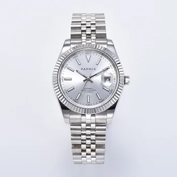 

Parnis 39.5mm Silver Dial Automatic Mechanical Mens Watches Calendar Auto Date Miyota 8215 Movement Men Watch 2020 luxury brand