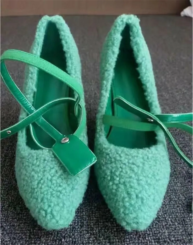 green Меховые Туфли-лодочки на тонком высоком каблуке с перекрестными ремешками; женские пикантные вечерние туфли с острым носком; модные дизайнерские тонкие туфли с закрытым носком; sapato feminino - Цвет: green