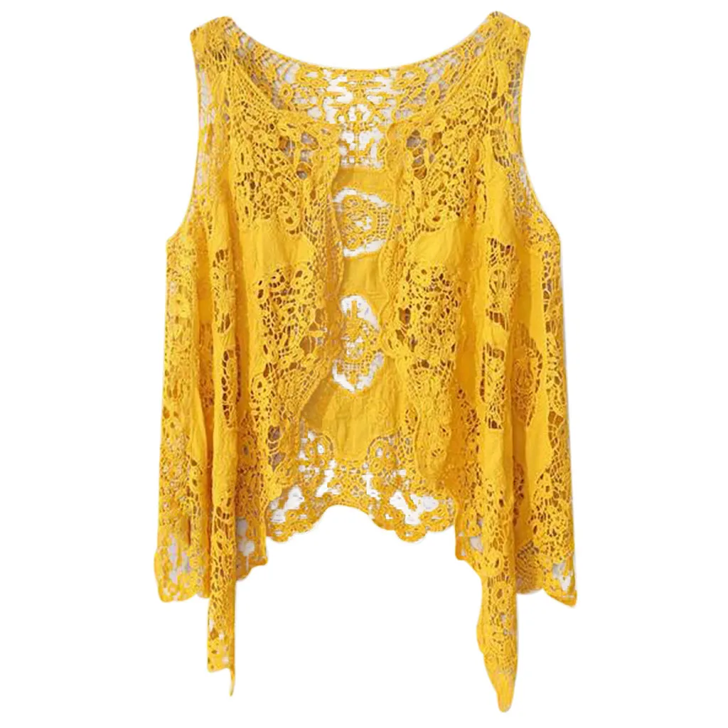 Yellow Feitong верхняя одежда, пальто, жилеты-куртки, женский модный летний кардиган с оборкой, вязаный крючком жилет, блузка, Пляжная верхняя одежда, colete feminino#807 - Цвет: Yellow