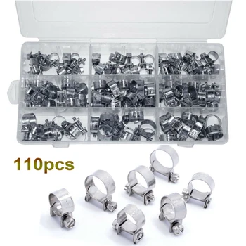 

110Pcs Universal Hose Clamps Galvanized Fuel Line Pipe Tube Clip With Box