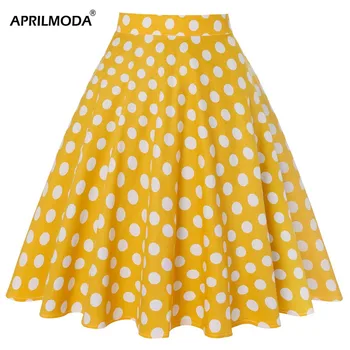 

Yellow Polka Dots Printed Women Casual Skirt High Waist 50s 60s Vintage Retro Lady Pleated Flare Midi SkirtS Saia Longa Plissada
