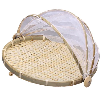 

1Pc Hand Woven Bug Proof Basket Handmade Fruit Vegetable Bread Cover Bamboo Basket With Gauze Dustproof Picnic Basket (Khaki Siz