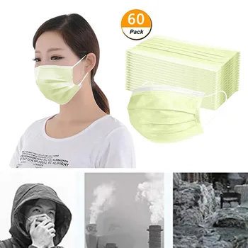

60pcs Yellow Disposable Mask For Face Earloop Masks Dustproof Nonwoven Fabric Breathable Mouth Masker 3 Ply Filter Mask In Stock