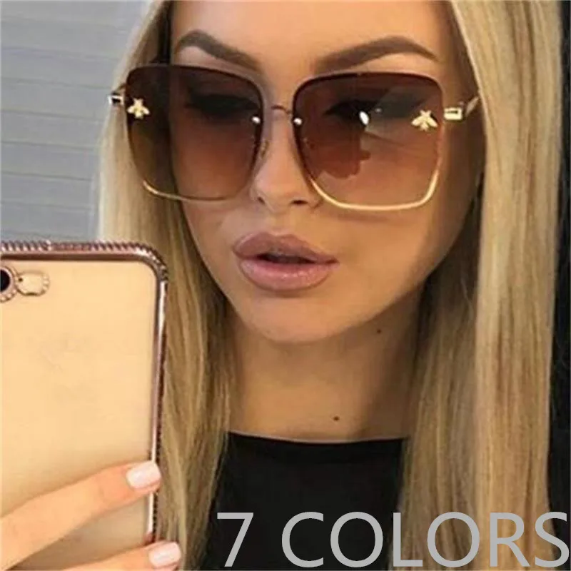 

Square Bee Sunglasses Women Men Retro Brand designer Metal Frame Oversized Sun Glasses Female Grandient Shades glasses Oculos