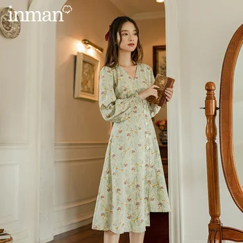 

INMAN 2020 Autumn New Arrival Literary Flower Long Sleeve Lace Sleeve Irregularly Hem Woman dress