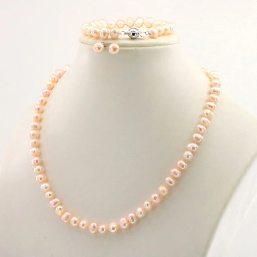 WUBIANLU 4 colors 7-8mm Pink Pearl Necklace Bracelet Earring Sets Women Jewelry Making Design Fashion Style Girl Gift Wholesale (31)