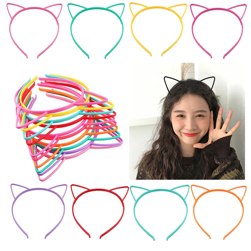 Candygirl 6pc Cute Cat Ears Teeth Headband 9 Colors Sweet Girl Plastic Hair Hoop for Baby Birthday Party Gift Hair Accessories candygirl 2 5cm dazzling flowers waves style hair bands cute children girl party festival hairband hair accessories diademas