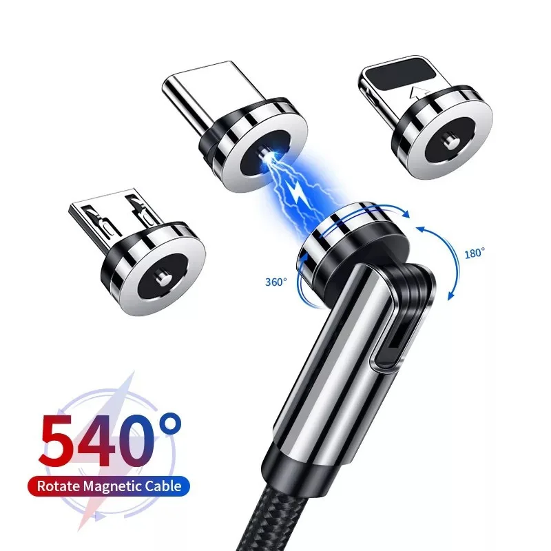 

540 Degree Rotatable Magnetic Charger USB Cable Type C Cord Strong Magnetic Micro USB Cable Wire For Apple iP Nylon Woven Black