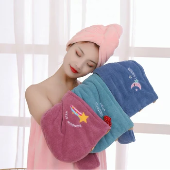 Microfiber Hair Drying Towel Super Absorbent Hair Dry Wrap with Button Soft Bath Shower Cap Head Towel for Girls Women Ladies tanie i dobre opinie CN(Origin) Other square Combed Cotton Rectangle 240g cotton cloth towel Quick-Dry Solid Superfine Fiber Yarn Dyed Hand towel