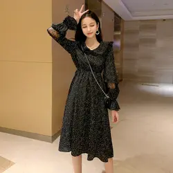 2019 осеннее корейское черное Повседневное платье трапециевидной формы с принтом для женщин, кружевное платье с вырезом «Питер Пэн»