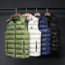 Новинка, мужской жилет, куртки, теплый, толстый, осень, зима, повседневное пальто с капюшоном, без рукавов, мужской, однотонный, на молнии, с капюшоном, пуховый жилет, для улицы