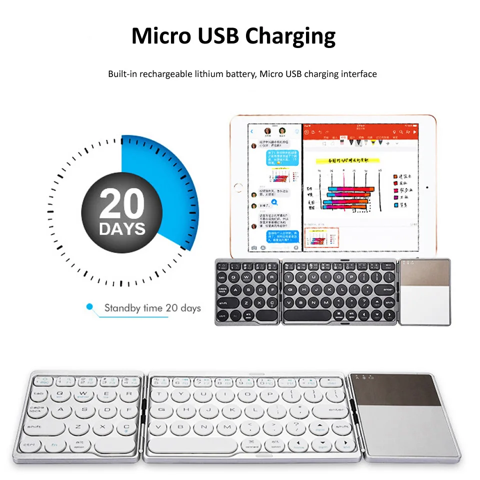 bluetooth dobrável com touchpad para windows android ios tablet ipad telefones