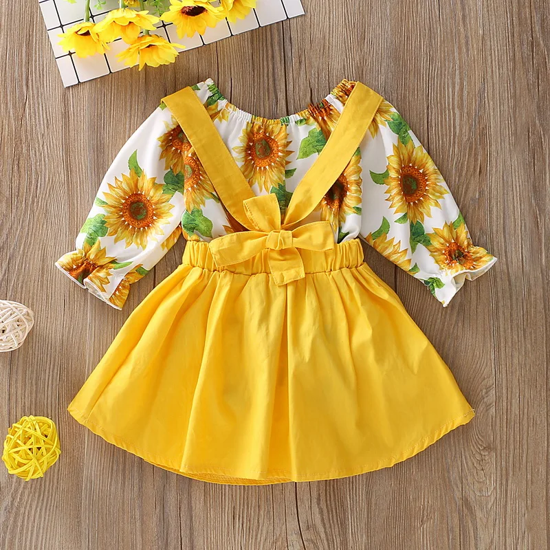 

Cute Girls Clothes Autumn Sunflower Print T Shirt and Straps Skirt Holiday Sets Casual Lantern Sleeve Roupa infantil Winter D35