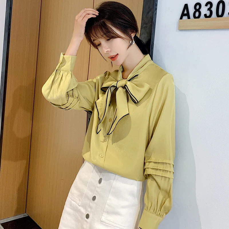 2019 Autumn Women Shirts Bow Full Sleeve Loose + Small Sweet Wind Design Niche Blouse Shirt Yellow 1123