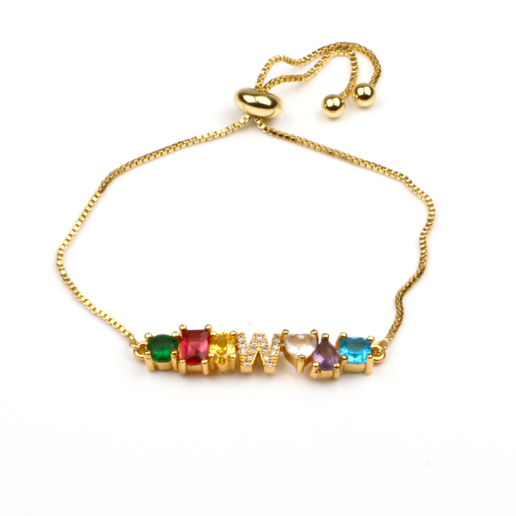 Hot Trendy Women Gold Color Bracelet New Rainbow Cubic Zircon A-Z Letter Initials For Women Charm Bracelet Jewelry Accessories - Окраска металла: W