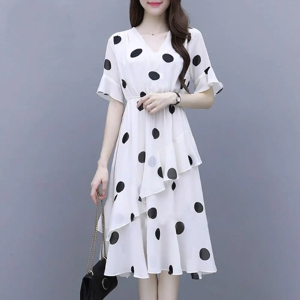 summer dress new woman dress loose large size wave point V-neck dresses for women dress