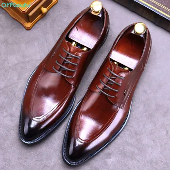 

QYFCIOUFU Handmade Mens Wingtip Oxfords Black Wine Red Genuine Cow Leather Classic Wedding Men Dress Shoes Business Formal Shoes