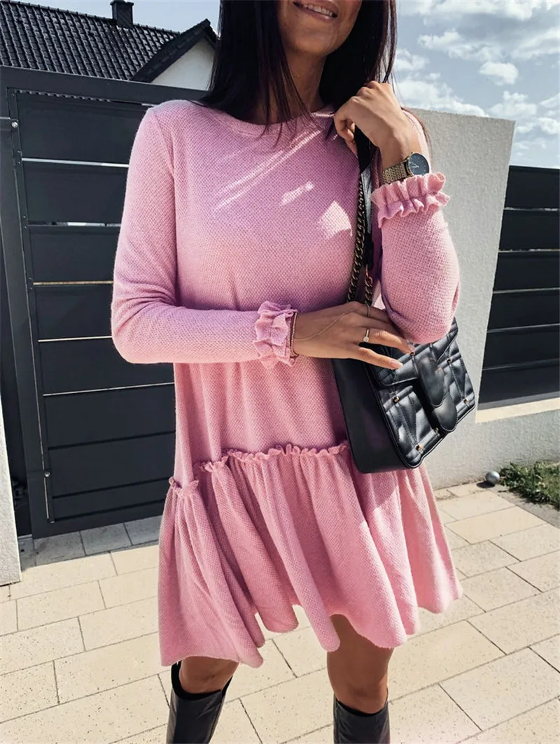 

Women Autumn A-Line Dress Patchwork Design Ruffles Decor O-Neck Long Sleeve Solid Color Mini Dress Elegant Lady Casual Dress
