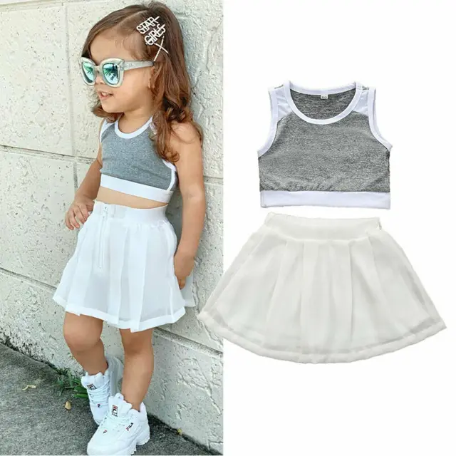 US $7.47 15T Infant Kid Girls Outfits Sports Crop Top Vest TShirt Mini Skirt Outfit Tracksuits For Girls 