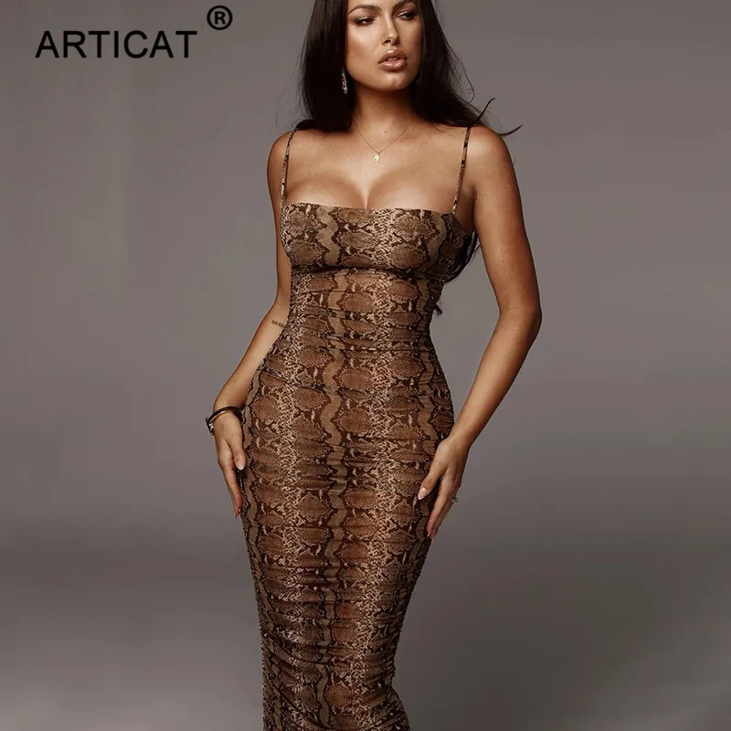 Snakeskin Brown Articat Леопардовый принт, сексуальный длинное платье Для женщин ремень без бретелек облегающее Бандажное лето-осень с низким вырезом на спине, Maxi dress Vestidos - Color: Snakeskin Brown