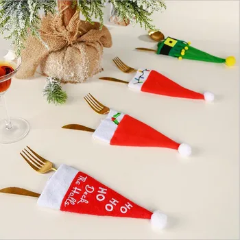 

10pc New Christmas Ornament Small Hat Knife And Fork Cover Table Kitchen Decoration Knif Xmas Christmas Hats Dinnerware Sets