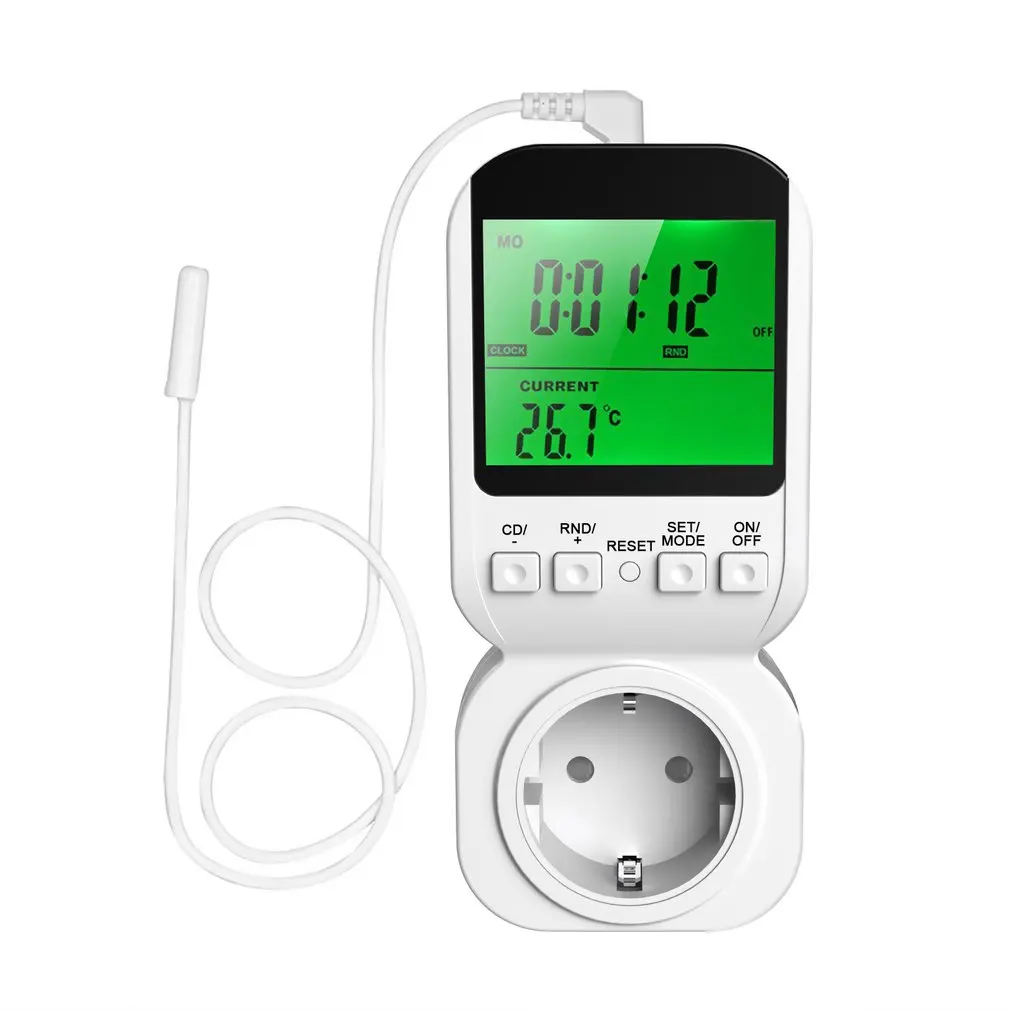 Multi-function LCD Display Thermostat Timer Switch Socket with Sensor Probe Digital Clock Adjustable 12/24 Hour Energy-saving